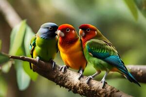 Trois coloré des oiseaux séance sur une branche. généré par ai photo