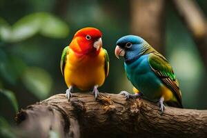 deux coloré des oiseaux séance sur une branche. généré par ai photo