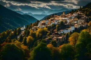 une petit ville dans le montagnes avec des arbres et montagnes. généré par ai photo