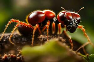 une rouge fourmi est séance sur une feuille. généré par ai photo
