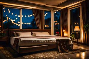une chambre avec une lit et lumières pendaison de le plafond. généré par ai photo