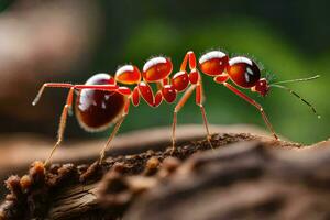 une rouge fourmi est permanent sur une enregistrer. généré par ai photo