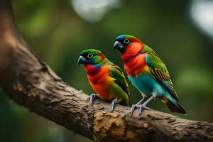 deux coloré des oiseaux séance sur une branche. généré par ai photo