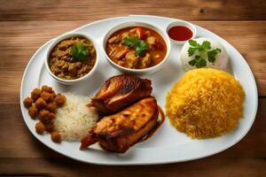 une assiette de nourriture avec riz, poulet et des légumes. généré par ai photo