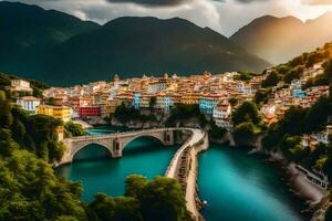 le Soleil ensembles plus de le ville de ljubljana, Italie. généré par ai photo