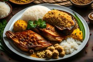 le traditionnel thaïlandais nourriture est une combinaison de riz, Viande, des légumes et épices. généré par ai photo