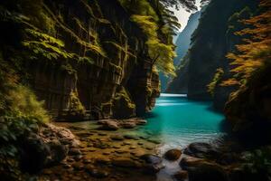 le gorge est rempli avec l'eau et rochers. généré par ai photo