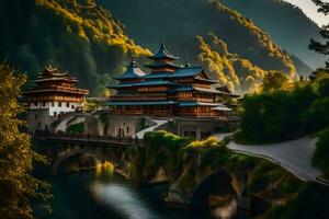 une magnifique chinois temple dans le montagnes. généré par ai photo