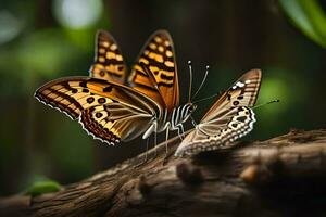 deux papillons sont séance sur une branche. généré par ai photo