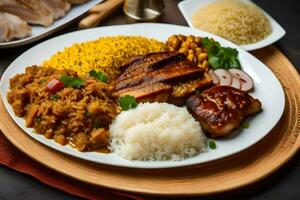 une assiette de nourriture avec riz, poulet et riz. généré par ai photo