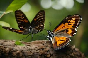 deux papillons sont séance sur une branche. généré par ai photo