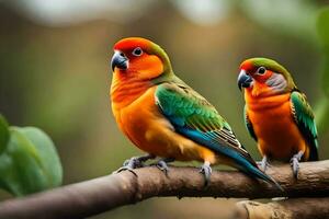 deux coloré des oiseaux séance sur une branche. généré par ai photo