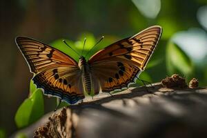 une papillon est séance sur une arbre tronc. généré par ai photo