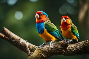 deux coloré des oiseaux séance sur une branche. généré par ai photo