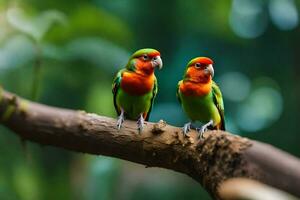 deux coloré des oiseaux séance sur une branche. généré par ai photo