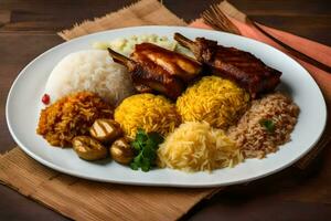 le nourriture est arrangé sur une assiette avec riz, Viande, et riz. généré par ai photo