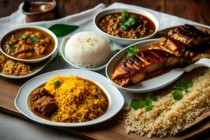 une variété de vaisselle comprenant riz, Viande et curry. généré par ai photo