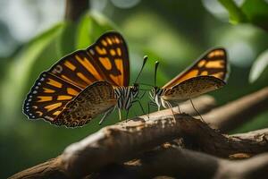 deux papillons sont séance sur une branche. généré par ai photo