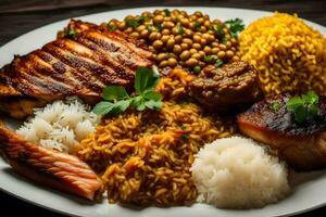 une assiette de nourriture avec riz, haricots, Viande et riz. généré par ai photo