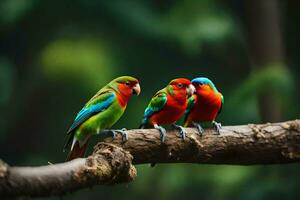 Trois coloré des oiseaux séance sur une branche. généré par ai photo