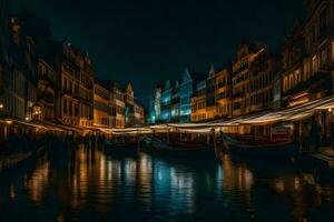 une canal à nuit avec bateaux et bâtiments. généré par ai photo