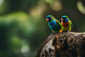 deux coloré des oiseaux séance sur une arbre branche. généré par ai photo