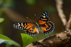 une papillon est séance sur une branche dans le forêt. généré par ai photo