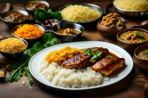 une variété de vaisselle comprenant riz, Viande et des légumes. généré par ai photo