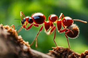 une rouge fourmi est permanent sur une branche. généré par ai photo