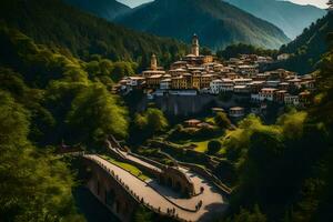 le village de castel del borgo est niché dans le montagnes. généré par ai photo