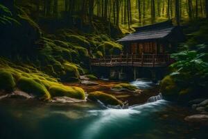 le temple de le lune dans le forêt. généré par ai photo