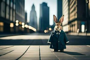 une lapin portant une costume et attacher permanent dans le milieu de une ville rue. généré par ai photo