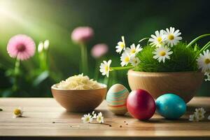 Pâques des œufs dans une bol et fleurs sur une tableau. généré par ai photo