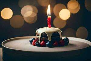 une petit gâteau avec une allumé bougie sur Haut. généré par ai photo