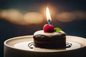 une petit Chocolat gâteau avec une bougie sur Haut. généré par ai photo