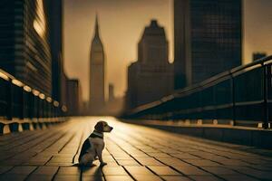 une chien séance sur une pont dans de face de une ville. généré par ai photo