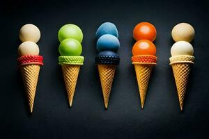 cinq la glace crème cônes avec coloré des balles dans eux. généré par ai photo