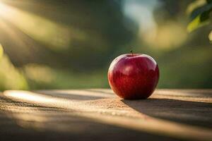 un Pomme est assis sur une en bois table dans le Soleil. généré par ai photo