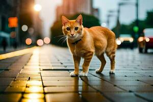 un Orange chat est en marchant sur une ville rue. généré par ai photo
