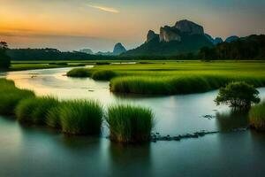 une rivière avec herbe et montagnes à le coucher du soleil. généré par ai photo