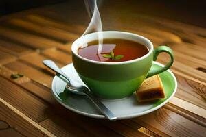 une tasse de thé sur une en bois tableau. généré par ai photo