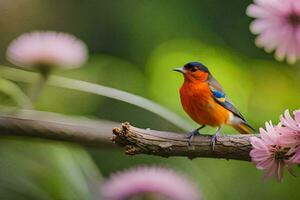 une coloré oiseau est assis sur une branche avec rose fleurs. généré par ai photo