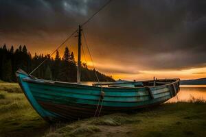 une bateau est assis sur le rive de une Lac à le coucher du soleil. généré par ai photo