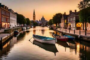 bateaux sont amarré dans une canal à le coucher du soleil. généré par ai photo