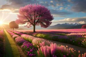 une champ de violet fleurs et des arbres à le coucher du soleil. généré par ai photo