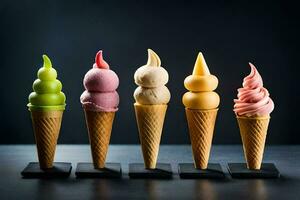 cinq la glace crème cônes dans une rangée avec différent couleurs. généré par ai photo