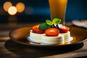 une dessert avec des fraises et menthe sur une en bois tableau. généré par ai photo