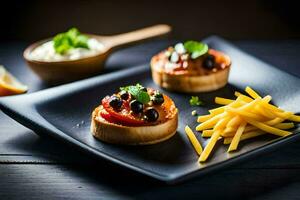 nourriture sur une assiette avec frites et fromage. généré par ai photo