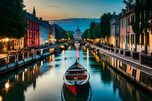 une bateau est flottant vers le bas une canal à crépuscule. généré par ai photo