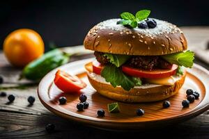 une Hamburger avec tomates, salade et fromage sur une en bois plaque. généré par ai photo